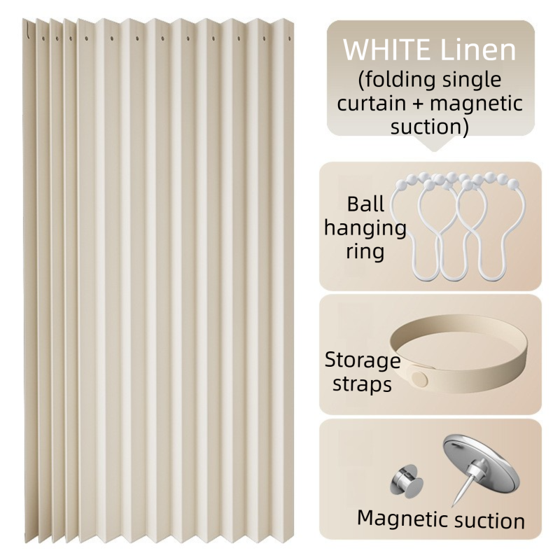 100 X 180 CM White Linen-Look Dust Drill-Free Pull-Curtain - Folding Doorless Closet Divider with Magnetic V888-ELOSUNG42722