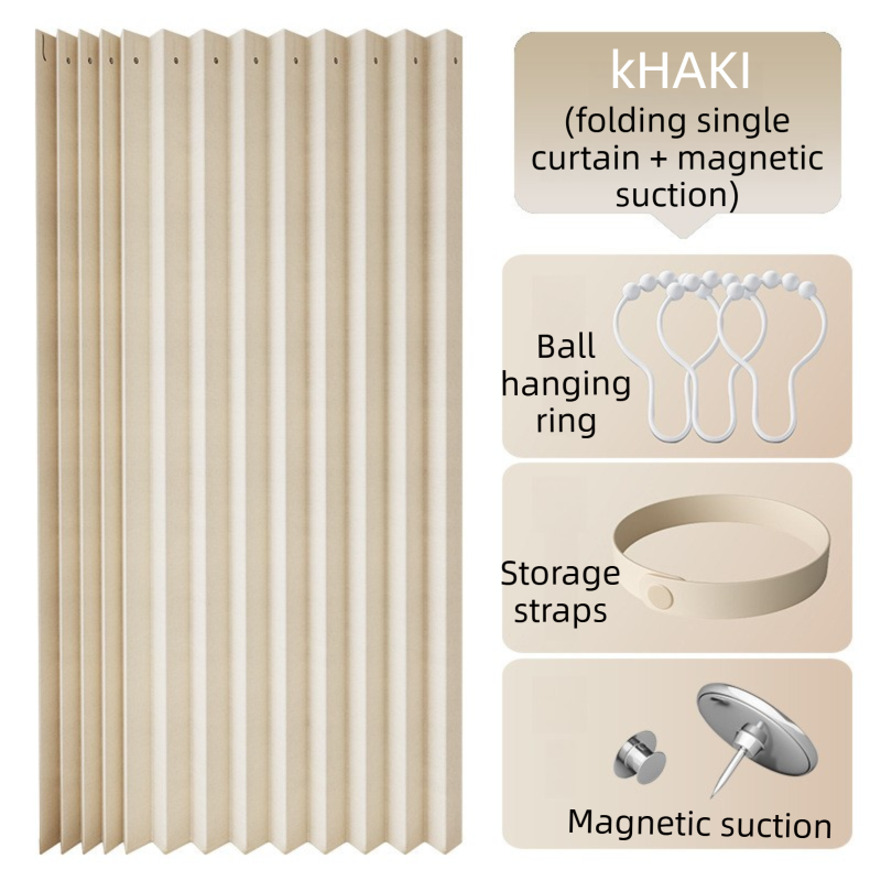 100 X 180 CM Khaki Linen-Look Dust Drill-Free Pull-Curtain - Folding Doorless Closet Divider with Magnetic V888-ELOSUNG42723