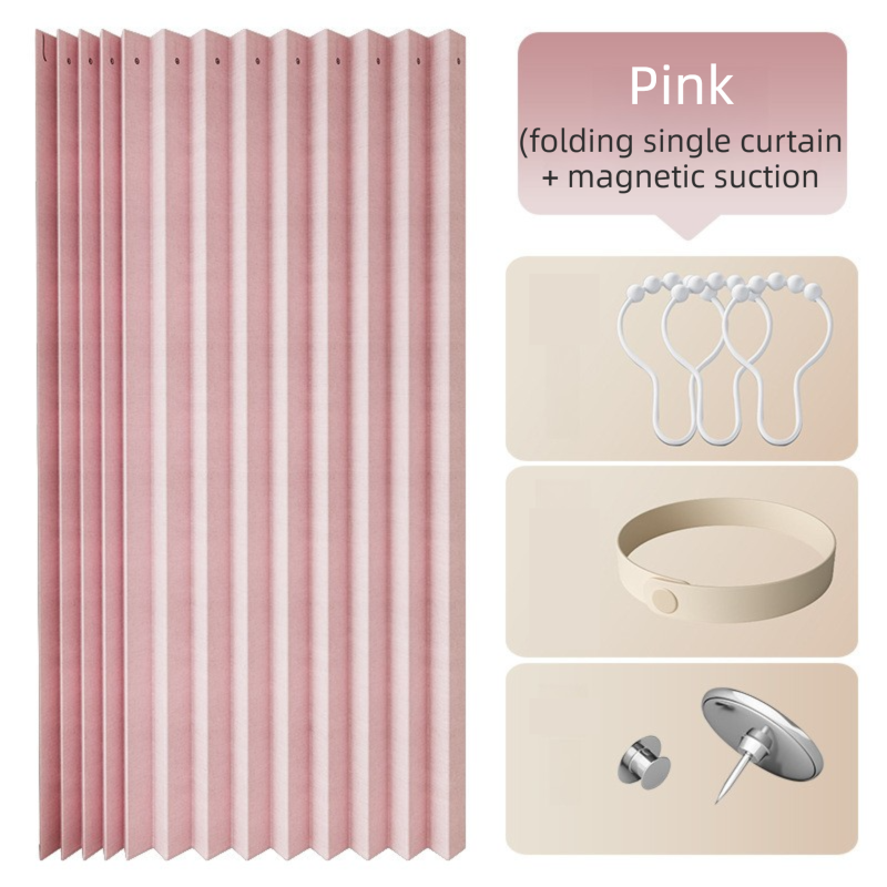 100 X 180 CM Pink Linen-Look Dust Drill-Free Pull-Curtain - Folding Doorless Closet Divider with Magnetic V888-ELOSUNG42724