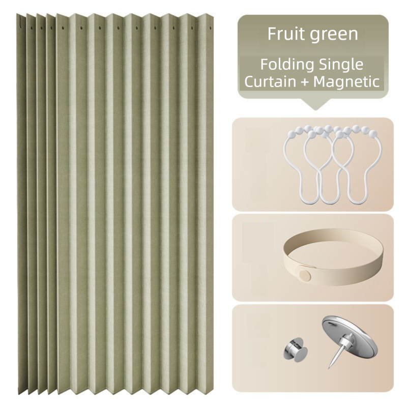 100 X 180 CM Fruit-Green Linen-Look Dust Drill-Free Pull-Curtain - Folding Doorless Closet Divider with V888-ELOSUNG42725
