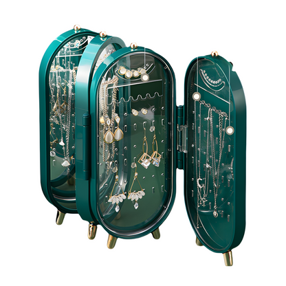 Green 4-Layer Retractable Screen-Style Jewelry Display Stand With Mirror Zone - Dust-Proof Necklace & Earring V888-ELOSUNG42754