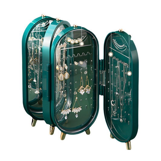 Green 4-Layer Retractable Screen-Style Jewelry Display Stand With Mirror Zone - Dust-Proof Necklace & Earring V888-ELOSUNG42754
