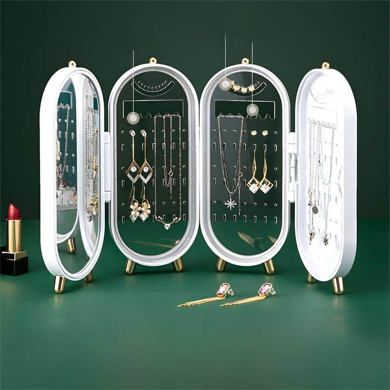 White 4-Layer Retractable Screen-Style Jewelry Display Stand With Mirror Zone - Dust-Proof Necklace & Earring V888-ELOSUNG42755