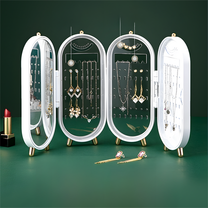 White 4-Layer Retractable Screen-Style Jewelry Display Stand With Mirror Zone - Dust-Proof Necklace & Earring V888-ELOSUNG42755