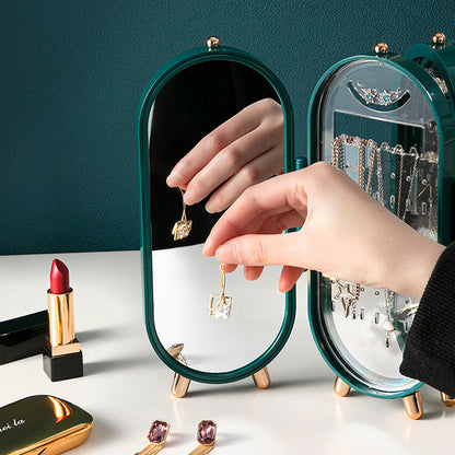 White 4-Layer Retractable Screen-Style Jewelry Display Stand With Mirror Zone - Dust-Proof Necklace & Earring V888-ELOSUNG42755