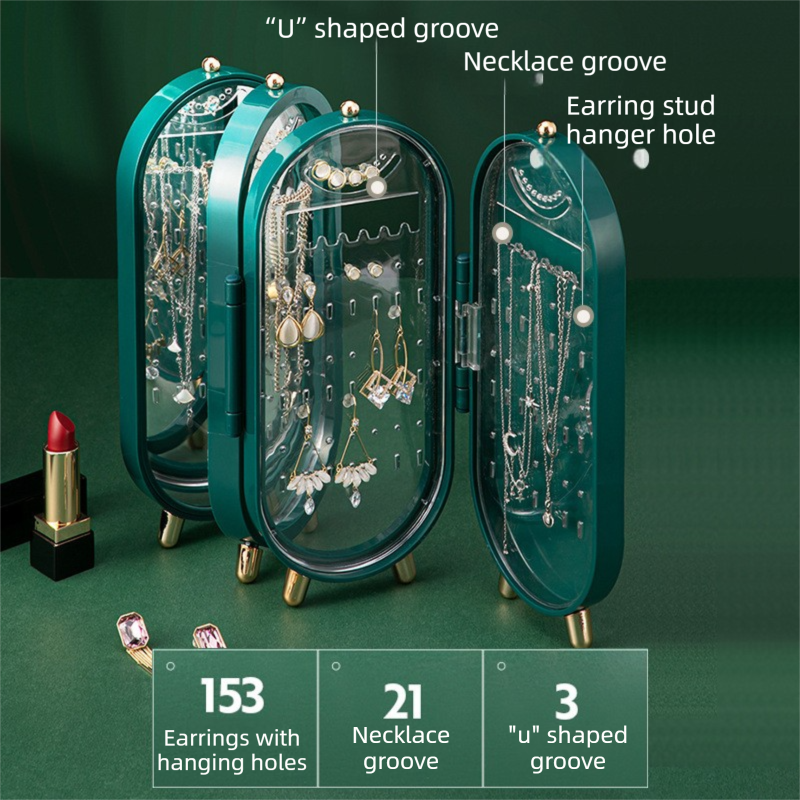 White 4-Layer Retractable Screen-Style Jewelry Display Stand With Mirror Zone - Dust-Proof Necklace & Earring V888-ELOSUNG42755