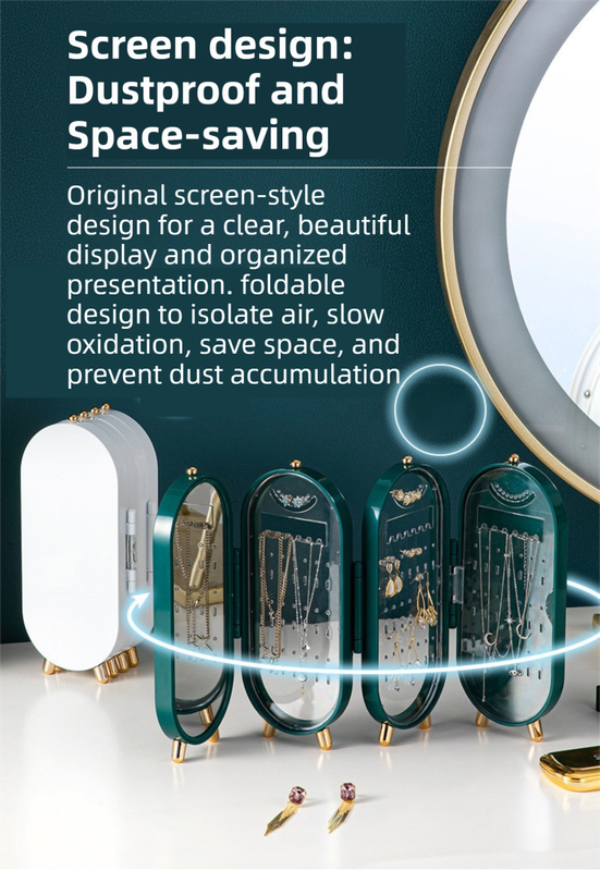 White 4-Layer Retractable Screen-Style Jewelry Display Stand With Mirror Zone - Dust-Proof Necklace & Earring V888-ELOSUNG42755