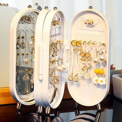 White 4-Layer Retractable Screen-Style Jewelry Display Stand With Mirror Zone - Dust-Proof Necklace & Earring V888-ELOSUNG42755