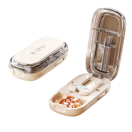 Beige Portable Mini Pill Organizer with 1/2 & 1/4 Precision Cutter - 3-Compartment Daily Travel Medicine Case V888-ELOSUNG42774