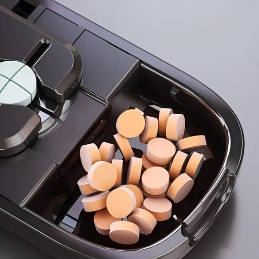 Beige Portable Mini Pill Organizer with 1/2 & 1/4 Precision Cutter - 3-Compartment Daily Travel Medicine Case V888-ELOSUNG42774