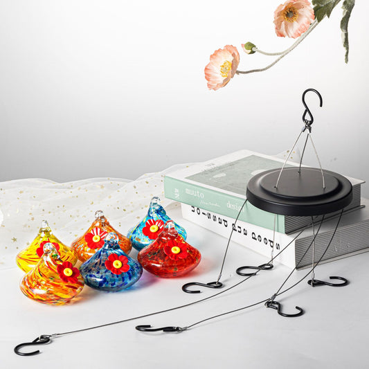 Outdoor Hand-Blown Glass Bird Feeder - 6-Color Durable Weather-Proof Bird Waterer, Includes Funnel & Hanging V888-ELOSUNG42817