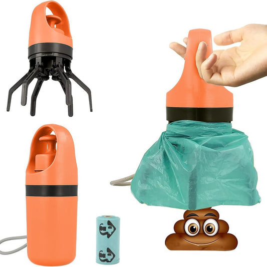 Orange Foldable 6-Claw Pet Pooper Scooper with Integrated Waste Bag Dispenser & 1 Roll of Bags - Durable V888-ELOSUNG42830