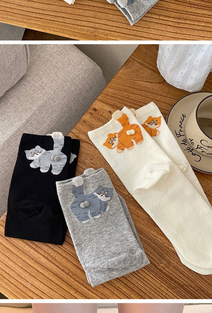 6-Pair Cute 3D Cartoon Cat Mid Socks - Breathable & Odor-Resistant Cotton Blend with Fun & Quirky Cat Pattern V888-ELOSUNG42832