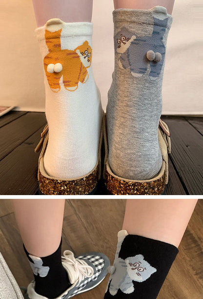 6-Pair Cute 3D Cartoon Cat Mid Socks - Breathable & Odor-Resistant Cotton Blend with Fun & Quirky Cat Pattern V888-ELOSUNG42832