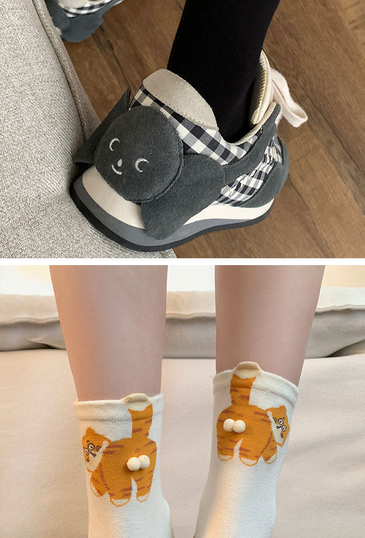 6-Pair Cute 3D Cartoon Cat Mid Socks - Breathable & Odor-Resistant Cotton Blend with Fun & Quirky Cat Pattern V888-ELOSUNG42832