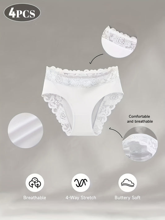 4-Pack White Elegant High-Waist Lace Panties for Women(Size S) - Tummy Control & Butt Lifting Briefs, V888-ELOSUNG42837
