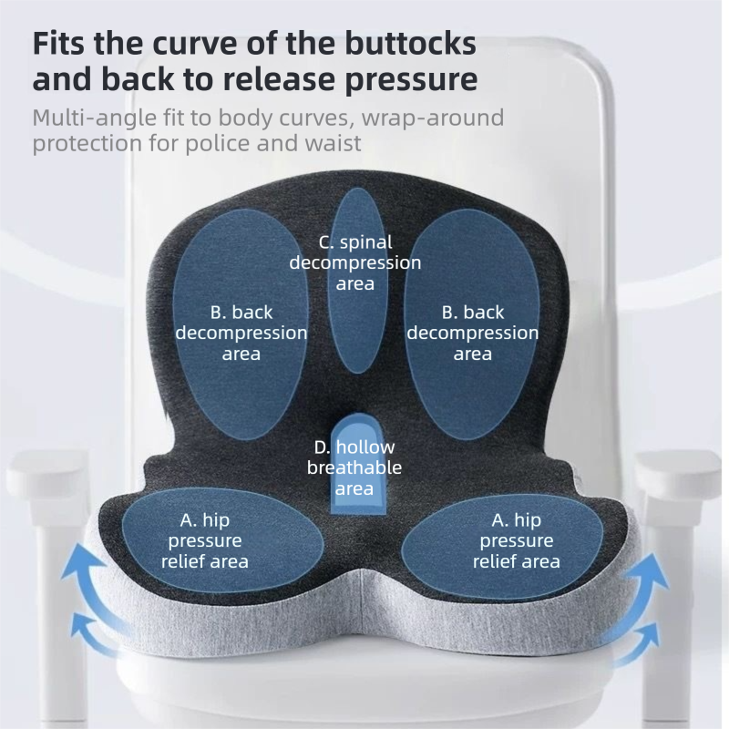 Black-Grey Ergonomic Memory Foam Seat Cushion & Lumbar Support(44x42x32CM) - Relieves Sciatica & Corrects V888-ELOSUNG42854