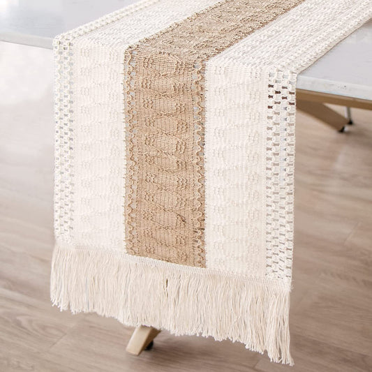 White-Brown Bohemian Woven Dining Mat with Tassels(30X50CM) - Wrinkle-Resistant Striped Placemat for Wedding, V888-ELOSUNG42867