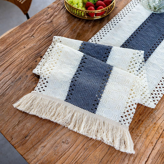 White-Grey Bohemian Woven Dining Mat with Tassels(30X50CM) - Wrinkle-Resistant Striped Placemat for Wedding, V888-ELOSUNG42869