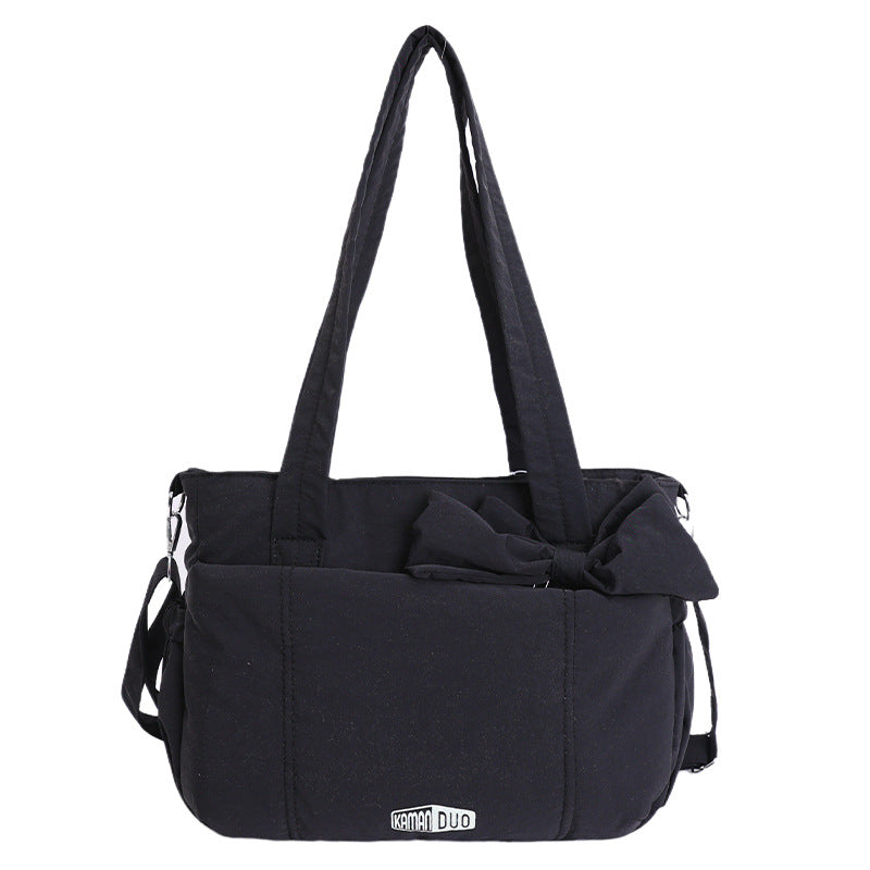 Black Puffy Quilted Nylon Hobo & Crossbody Bag with Cute Bowknot - Trendy Large-Capacity Handbag with V888-ELOSUNG42889