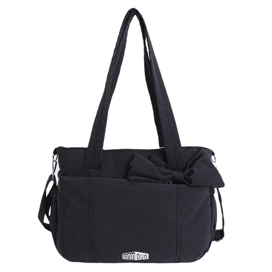 Black Puffy Quilted Nylon Hobo & Crossbody Bag with Cute Bowknot - Trendy Large-Capacity Handbag with V888-ELOSUNG42889