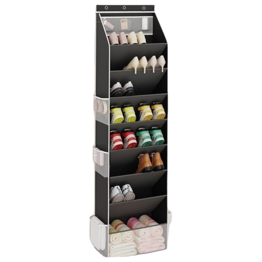Black 8-Tier Over-the-Door Shoe Organizer with 7 Slanted & 1 Flat & 6 Side Pockets - Multi-Functional Wall V888-ELOSUNG42894