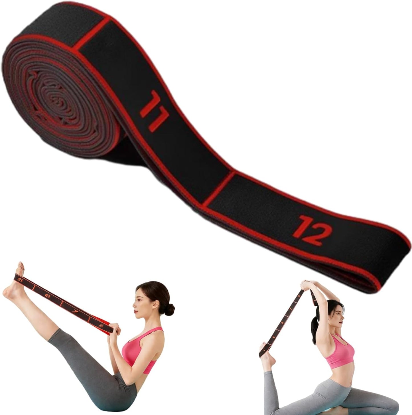 2-Pack Black-Red 12-Loop Numbered Yoga Stretch Strap(4x138CM) - Durable Multi-Segment Resistance Fitness Band V888-ELOSUNG42909