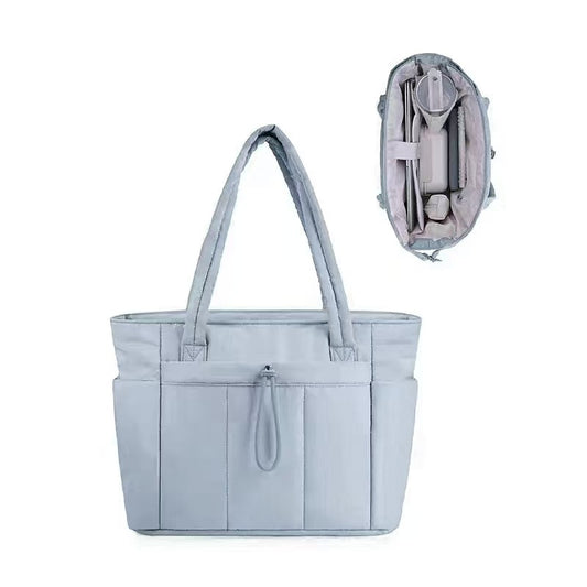 Blue Quilted Puffer Nylon Tote/Laptop Bag for Women with Internal Cup Holder and Front & Side Pockets - V888-ELOSUNG42914