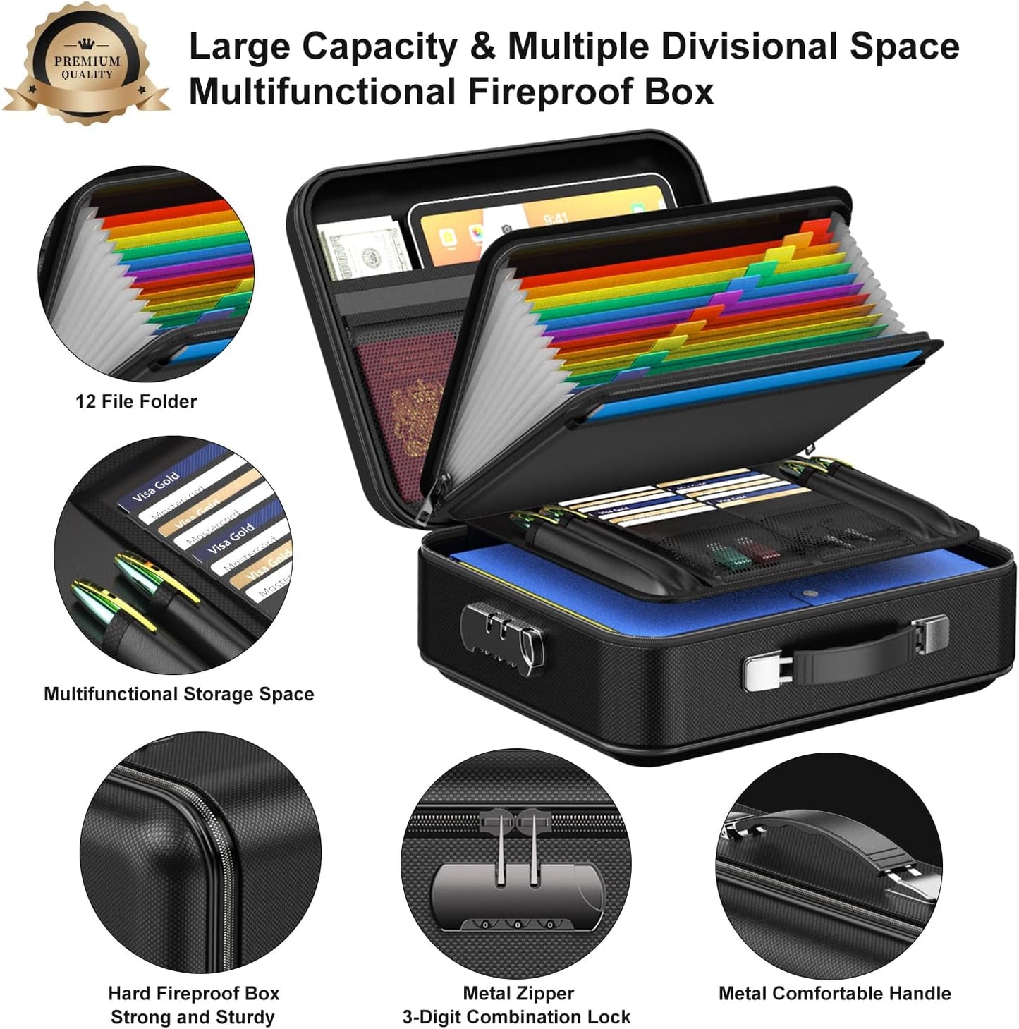 3-Layer Fireproof & Waterproof File Organizer Box(38x28x13CM) with Security Lock - EVA Muti-Functional Safety V888-ELOSUNG42916