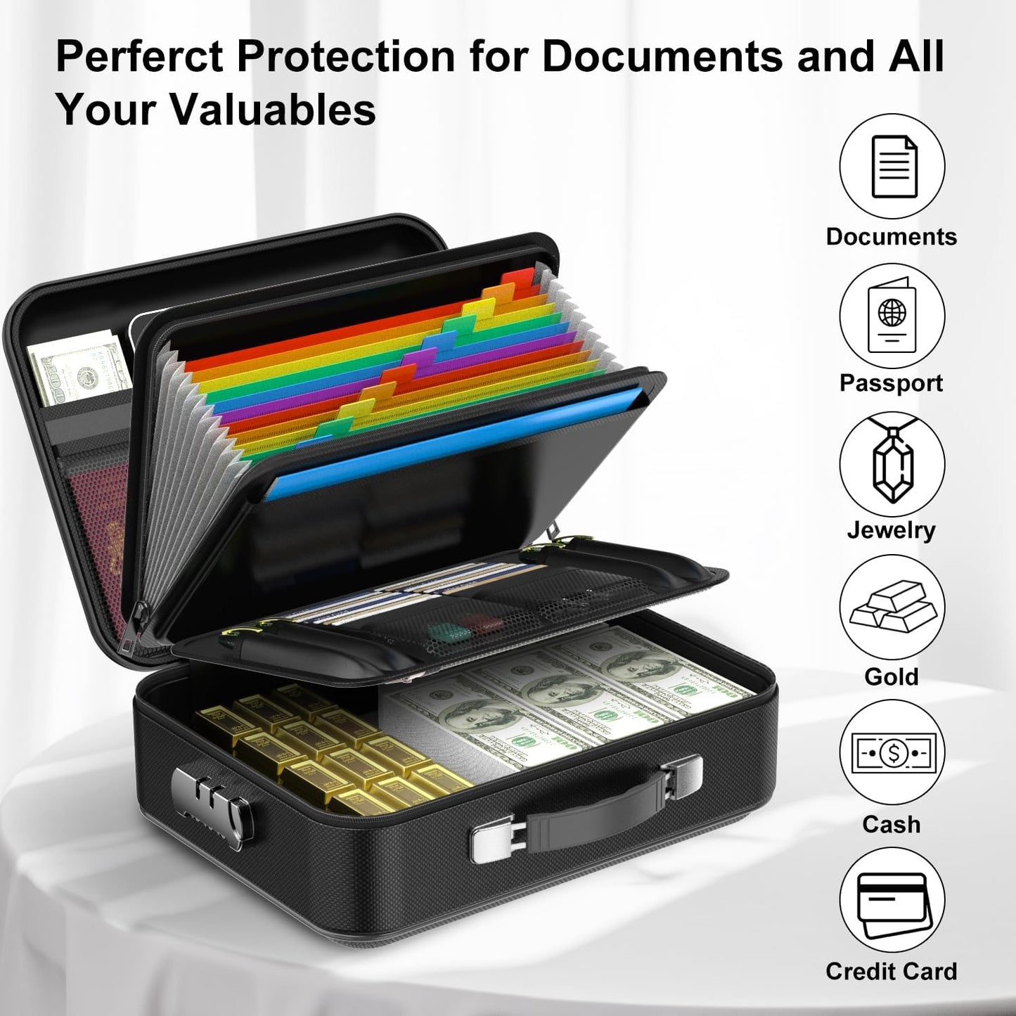 3-Layer Fireproof & Waterproof File Organizer Box(38x28x13CM) with Security Lock - EVA Muti-Functional Safety V888-ELOSUNG42916