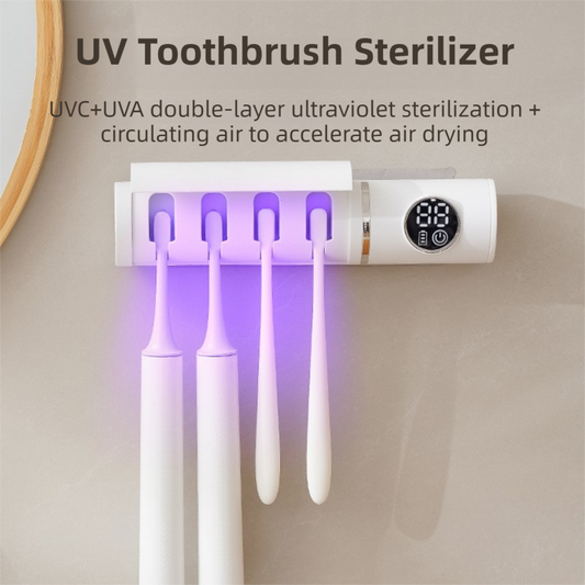 White 4-Slot Compact UV Toothbrush Sanitizer with Turbo Drying Fan & LCD Display - Anti-Dust Toothbrush V888-ELOSUNG42925