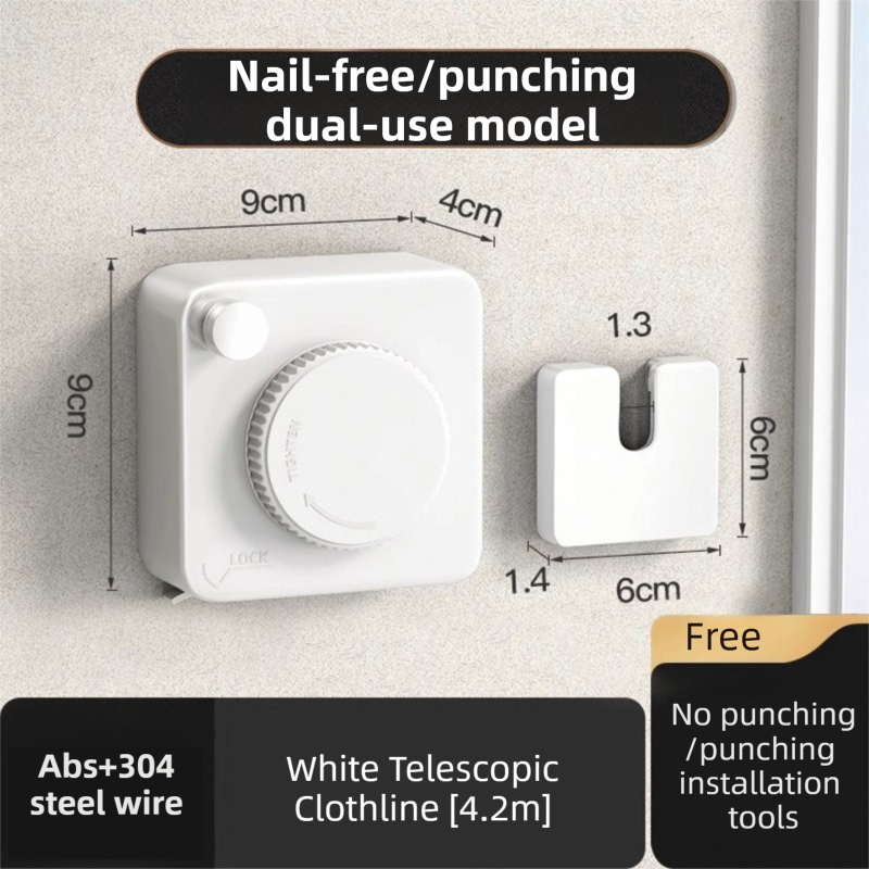 White 4.2M Heavy Duty Invisible Retractable Clothesline - Rustproof & Drill-Free Laundry Hanger with 20kg V888-ELOSUNG42926