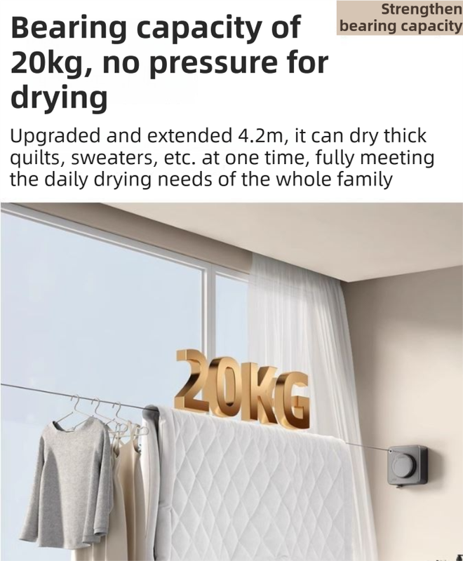 Grey 4.2M Heavy Duty Invisible Retractable Clothesline - Rustproof & Drill-Free Laundry Hanger with 20kg Load V888-ELOSUNG42927