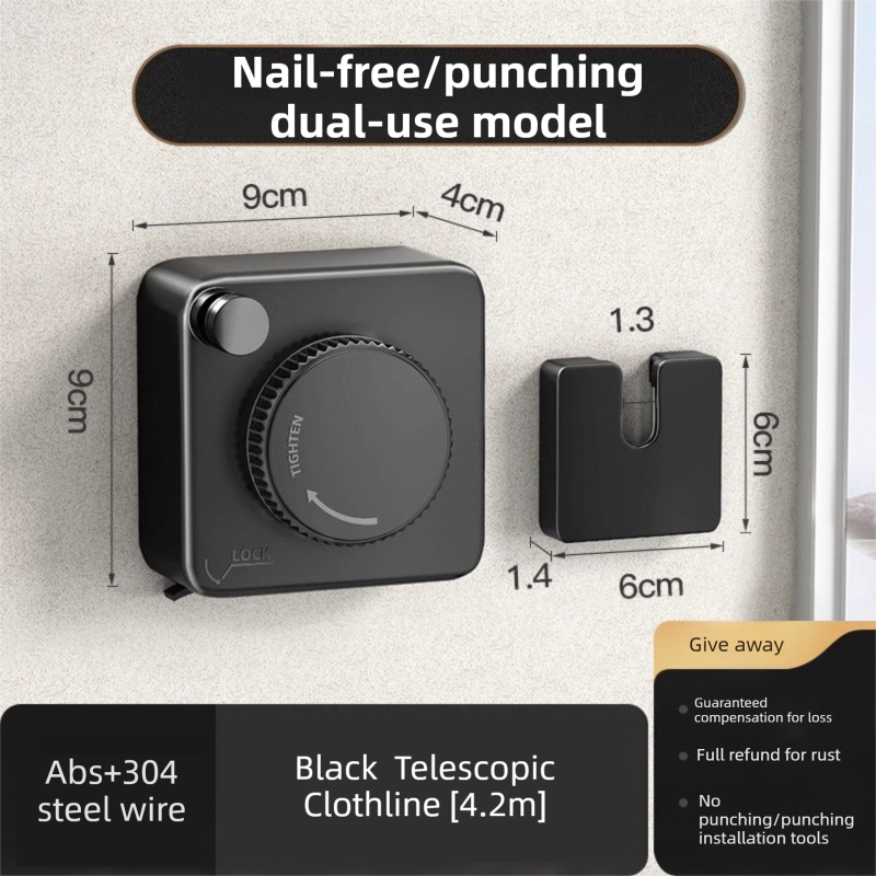 Black 4.2M Heavy Duty Invisible Retractable Clothesline - Rustproof & Drill-Free Laundry Hanger with 20kg V888-ELOSUNG42928