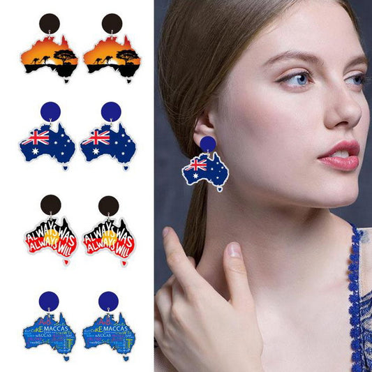 4-Pair Wooden Australia Map Silhouette Earrings - Lightweight Geometric Ear Drops, Cultural Decor Gift V888-ELOSUNG42934