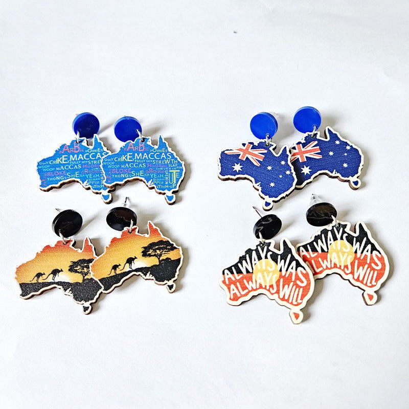4-Pair Wooden Australia Map Silhouette Earrings - Lightweight Geometric Ear Drops, Cultural Decor Gift V888-ELOSUNG42934