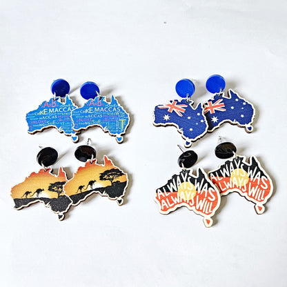 4-Pair Wooden Australia Map Silhouette Earrings - Lightweight Geometric Ear Drops, Cultural Decor Gift V888-ELOSUNG42934