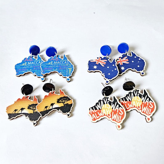 4-Pair Wooden Australia Map Silhouette Earrings - Lightweight Geometric Ear Drops, Cultural Decor Gift V888-ELOSUNG42934