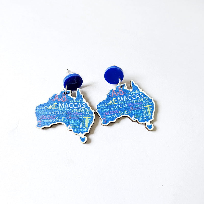 4-Pair Wooden Australia Map Silhouette Earrings - Lightweight Geometric Ear Drops, Cultural Decor Gift V888-ELOSUNG42934