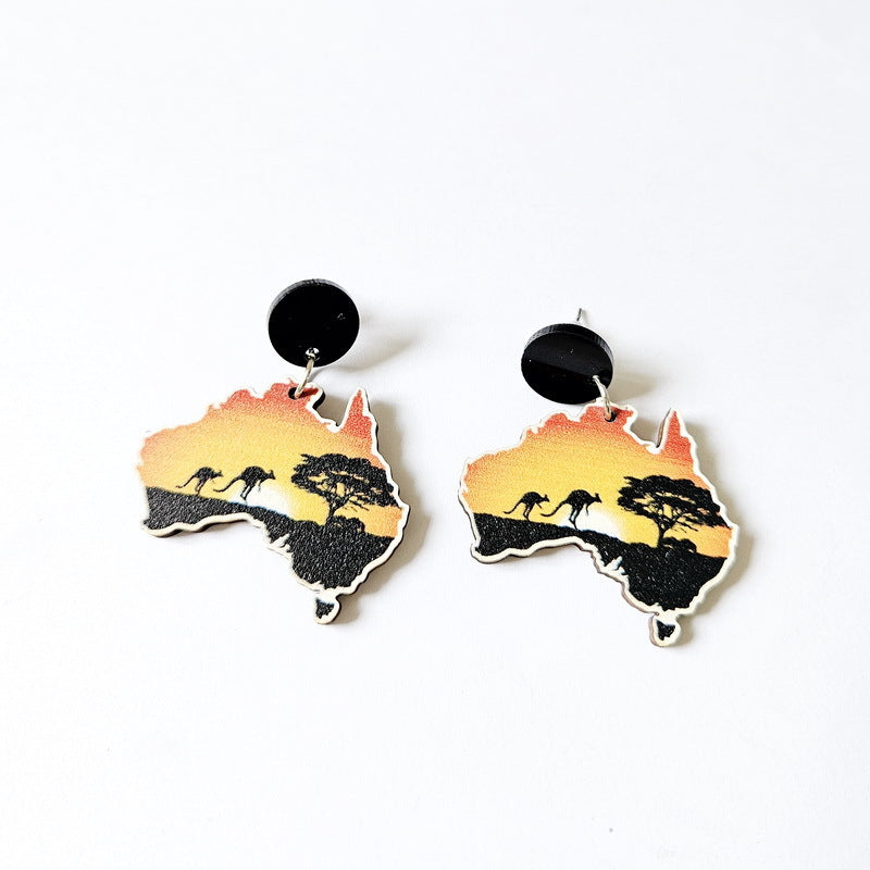 Wooden Australia Map Silhouette Earrings - Lightweight Geometric Ear Drops, Cultural Decor Gift(Style 2) V888-ELOSUNG42936