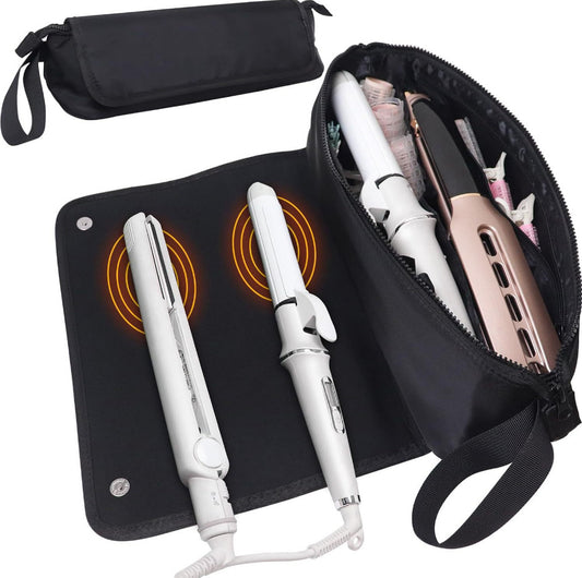 Black Premium Insulated Roll-Up Travel Case for Hair Styling Tools & Blow Dryers with Muti-Pockets (18x5.5x5 V888-ELOSUNG42983