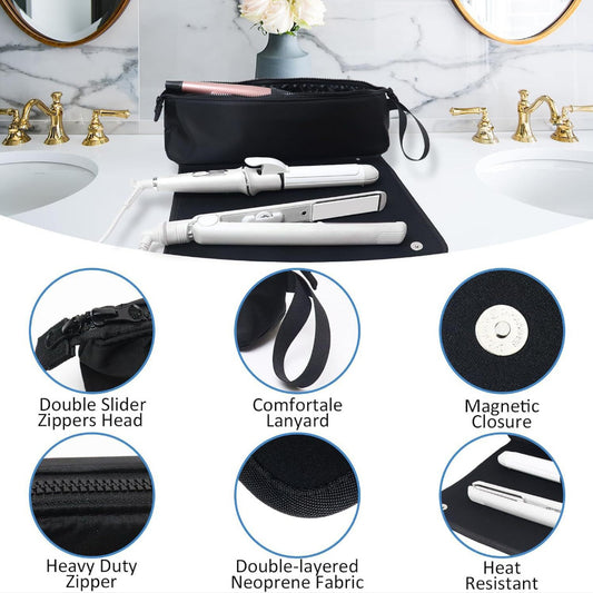 Black Premium Insulated Roll-Up Travel Case for Hair Styling Tools & Blow Dryers with Muti-Pockets (18x5.5x5 V888-ELOSUNG42983