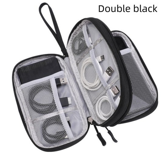 2-PCS Black Double Layer Travel Electronics Organizer Bag Waterproof Cable Pouch for Power Bank and Phone V888-ELOSUNG43079