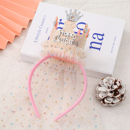 Beige with a pink hairband 2-Pack Tulle Crown Headbands with "Happy Birthday" Sparkle Design for Kids - V888-ELOSUNG43085