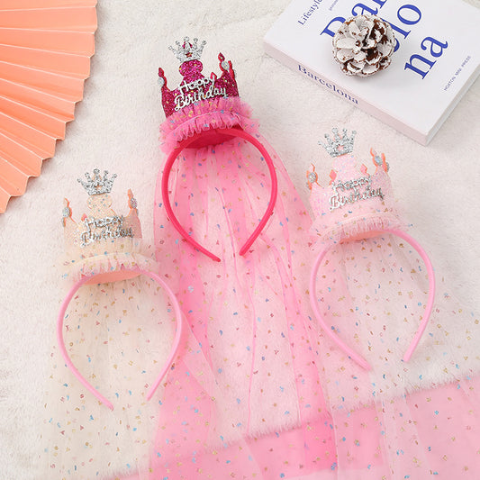 Beige with a pink hairband 2-Pack Tulle Crown Headbands with "Happy Birthday" Sparkle Design for Kids - V888-ELOSUNG43085