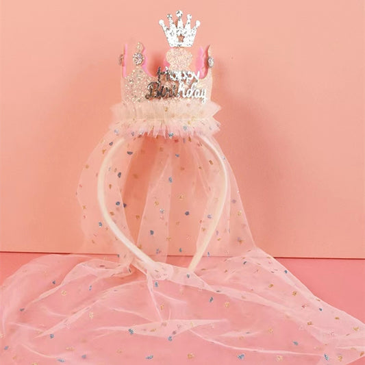 Beige 2-Pack Tulle Crown Headbands with "Happy Birthday" Sparkle Design for Kids - Princess Party Hair V888-ELOSUNG43086