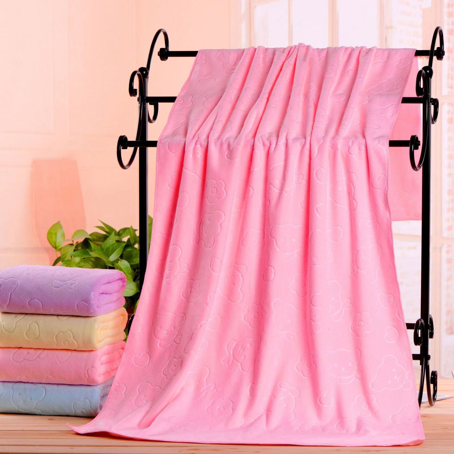 2-Pack Pink Embossed Microfiber Bear Bath Towels - 70 x 140 cm, Ultra-Absorbent and Soft for Bath, Beach & Gym V888-ELOSUNG43140