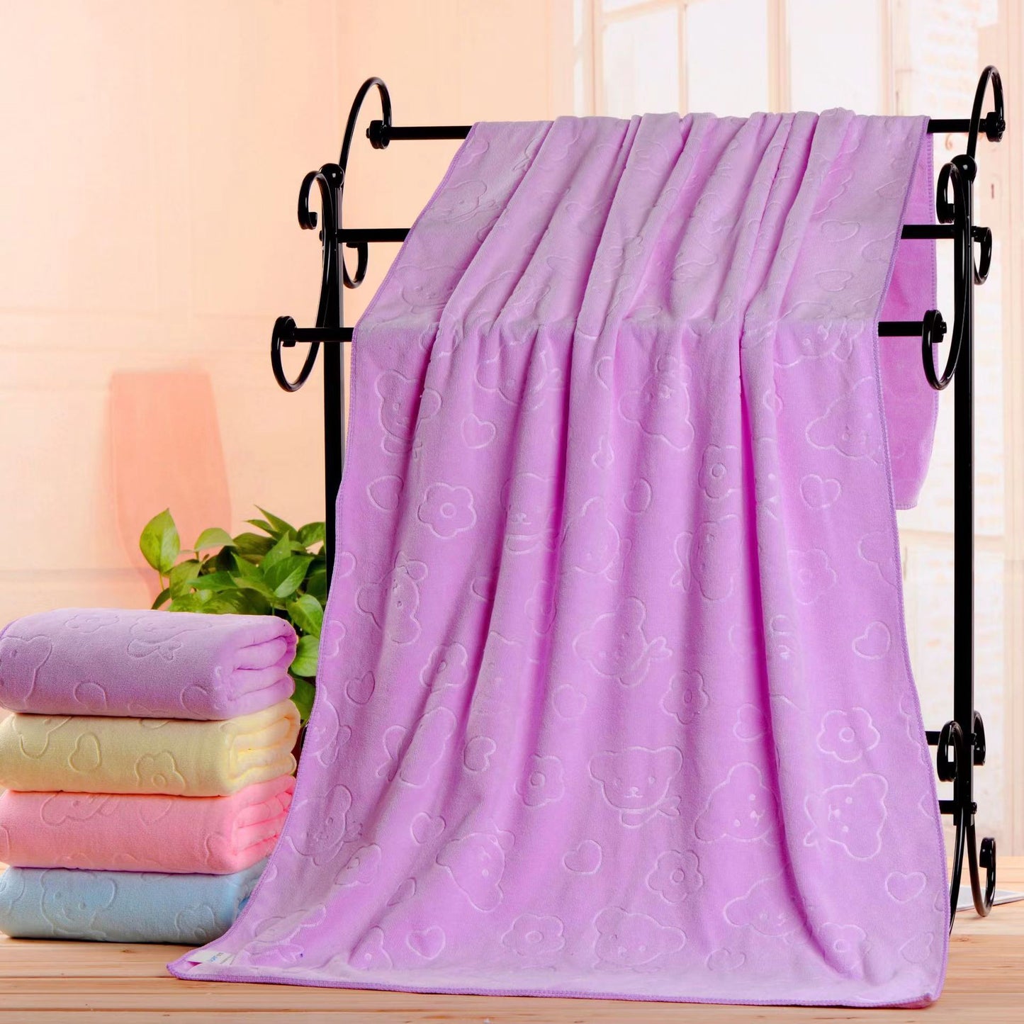 2-Pack Purple Embossed Microfiber Bear Bath Towels - 70 x 140 cm, Ultra-Absorbent and Soft for Bath, Beach & V888-ELOSUNG43141