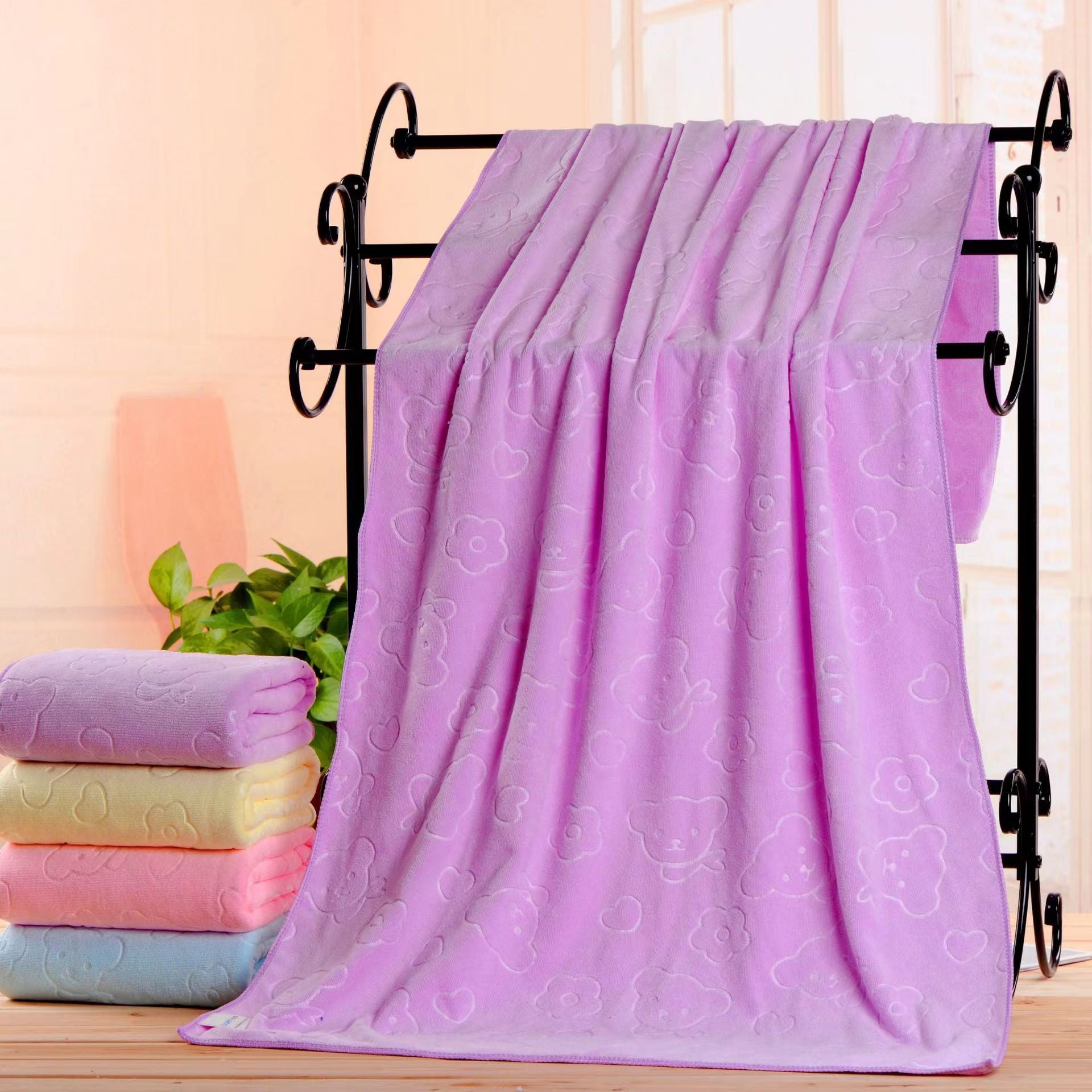2-Pack Purple Embossed Microfiber Bear Bath Towels - 70 x 140 cm, Ultra-Absorbent and Soft for Bath, Beach & V888-ELOSUNG43141