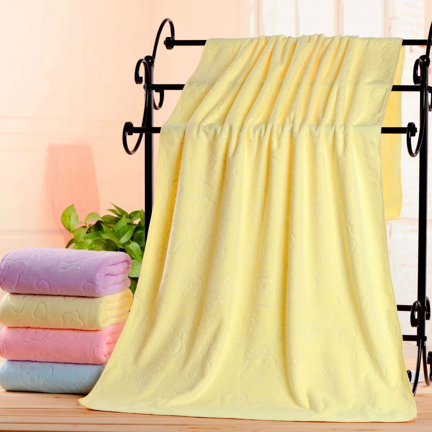 2-Pack Yellow Embossed Microfiber Bear Bath Towels - 70 x 140 cm, Ultra-Absorbent and Soft for Bath, Beach & V888-ELOSUNG43142